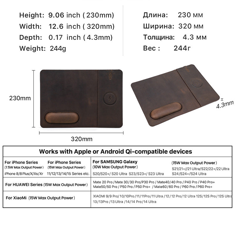 Leather Wireless Charging Desk Mat with Ergonomic Wrist Rest Bowlift