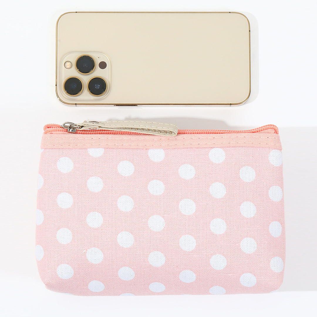 Canvas polka dot cosmetic pouch with zippered faux leather pull Bowlift