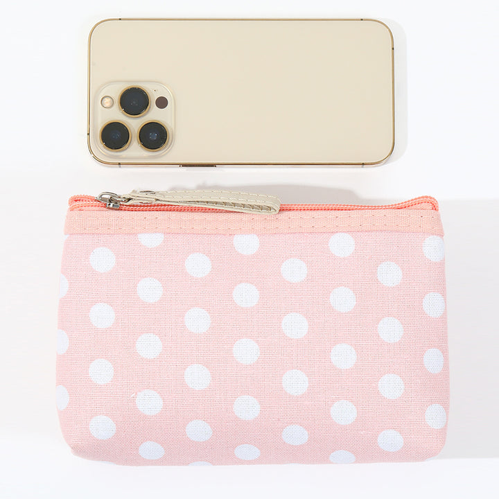 Canvas polka dot cosmetic pouch with zippered faux leather pull Bowlift