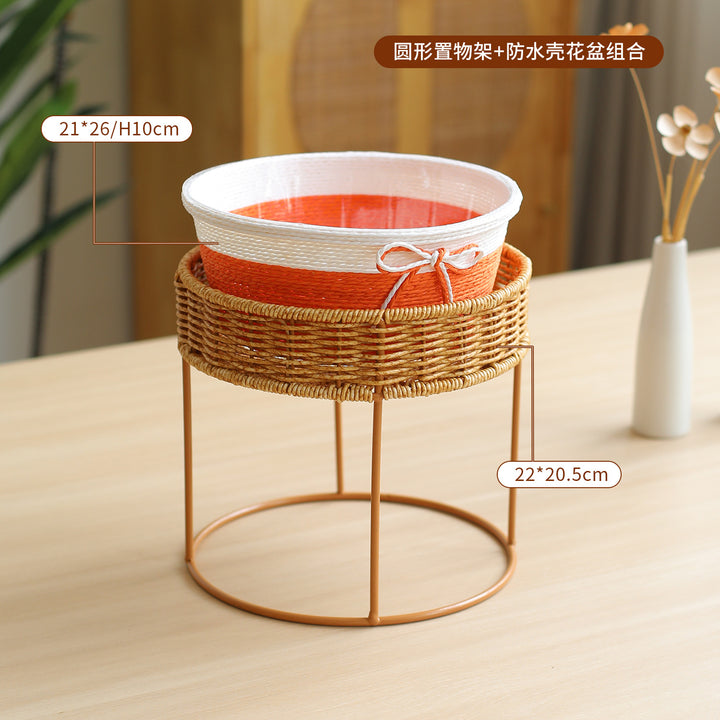 Unisex Modern Plant Stand with Woven Basket and Metal Frame Bowlift