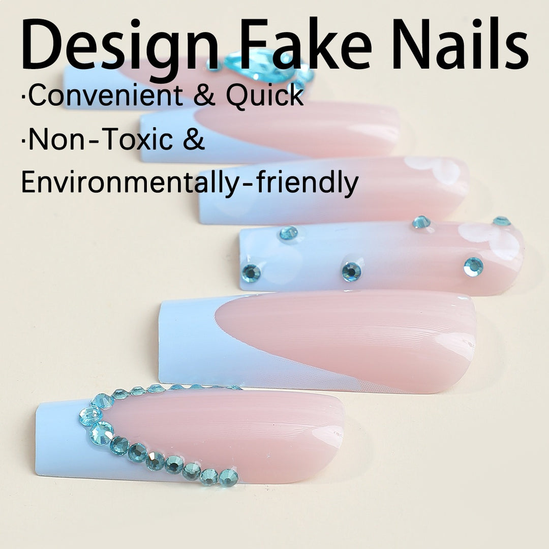 Artificial nail set with luxurious decorations and delicate ombre effect Bowlift