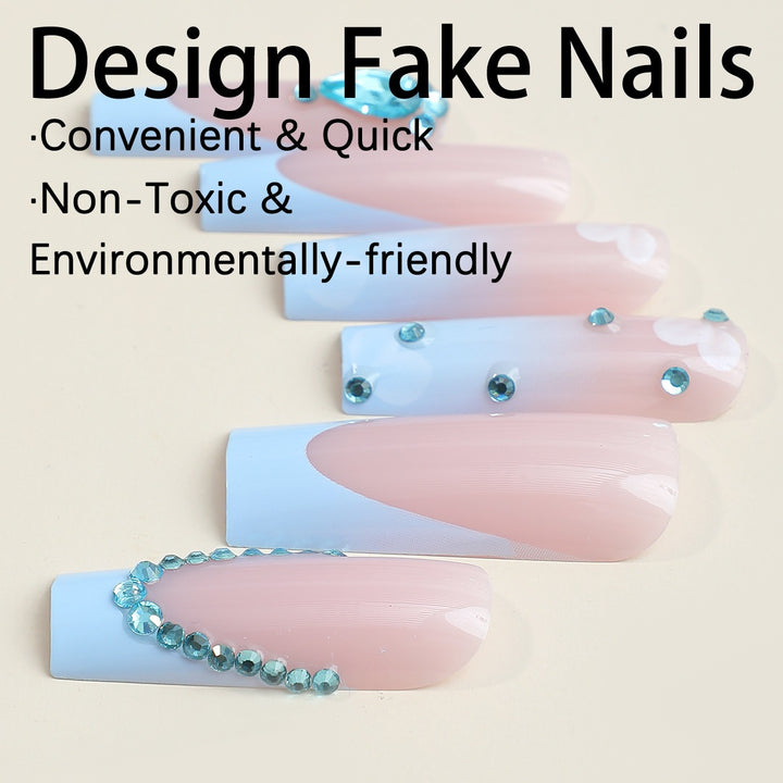 Artificial nail set with luxurious decorations and delicate ombre effect Bowlift