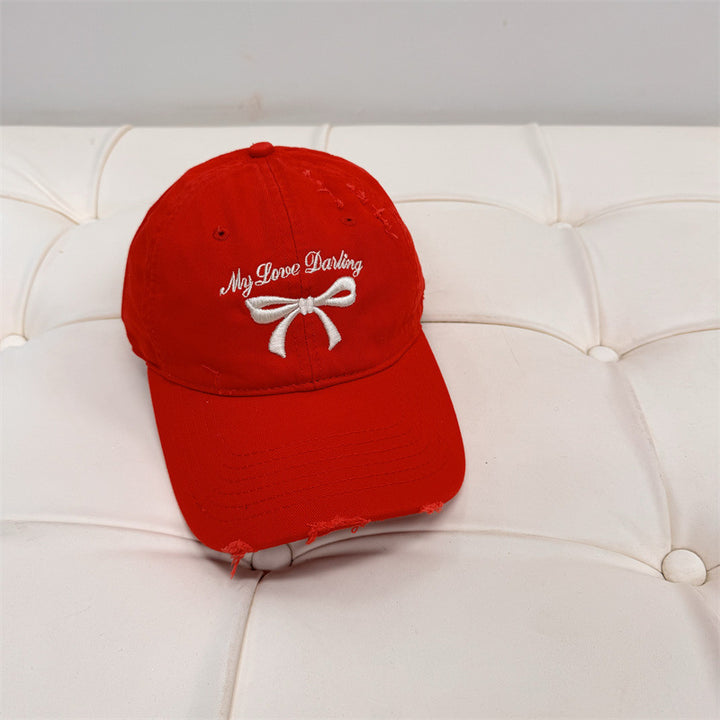 Women's Distressed Cotton Baseball Cap with Bow Embroidery Bowlift