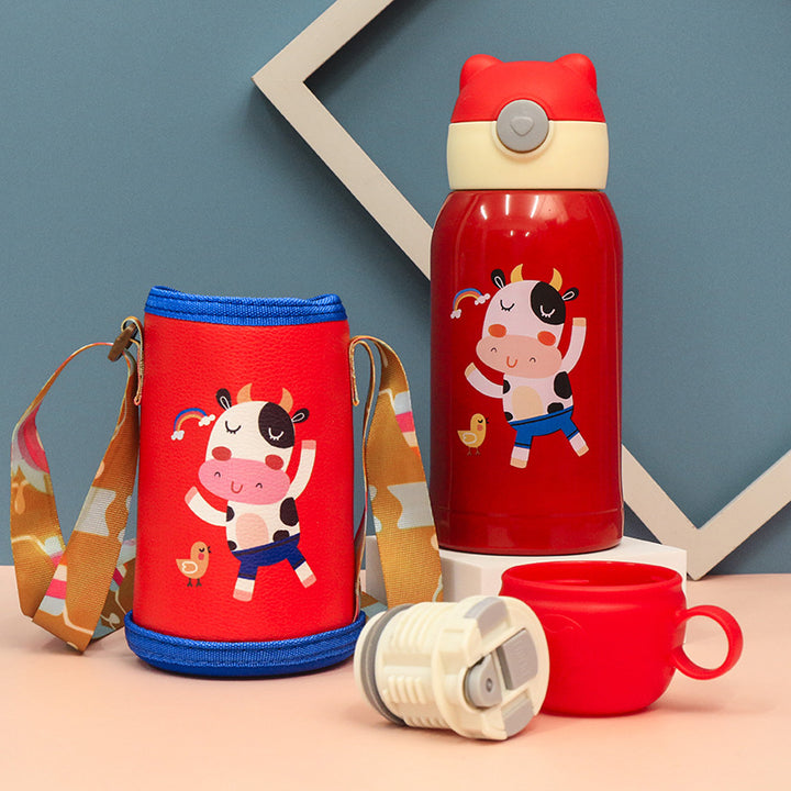 Women's Insulated Water Bottle with Cute Rabbit Design and Practical Carry Strap Bowlift