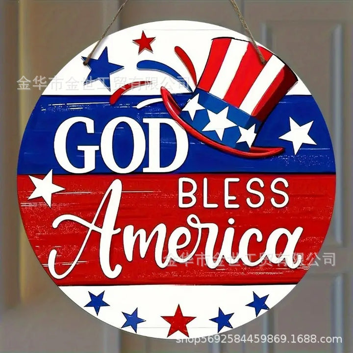 Independence Day rustic round wooden patriotic cross wall plaque with floral accents and God Bless America banner Bowlift