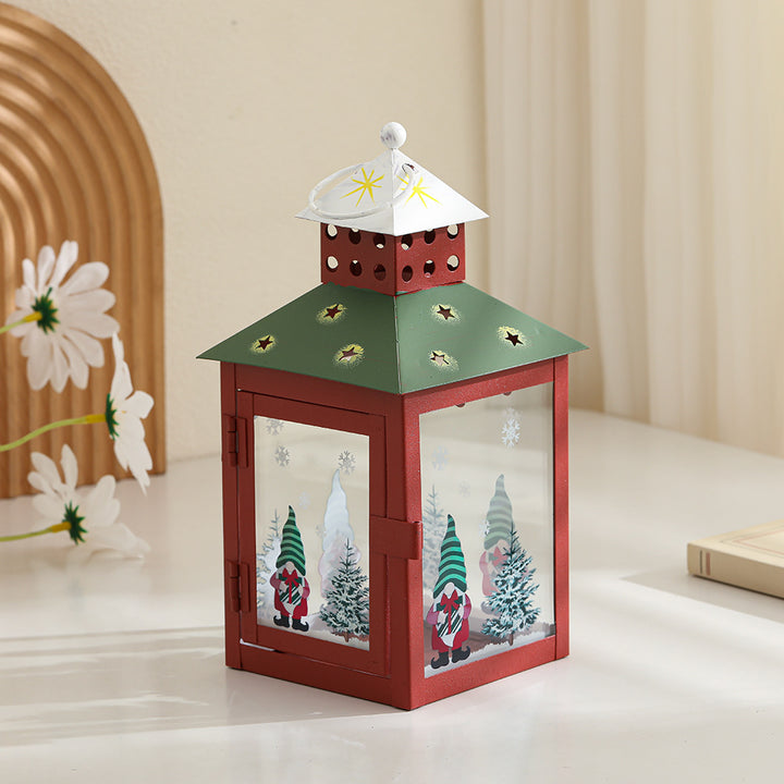 Decorative Holiday Gnome Lantern with Star-Cut Roof and Glass Panel Candle Holder Bowlift