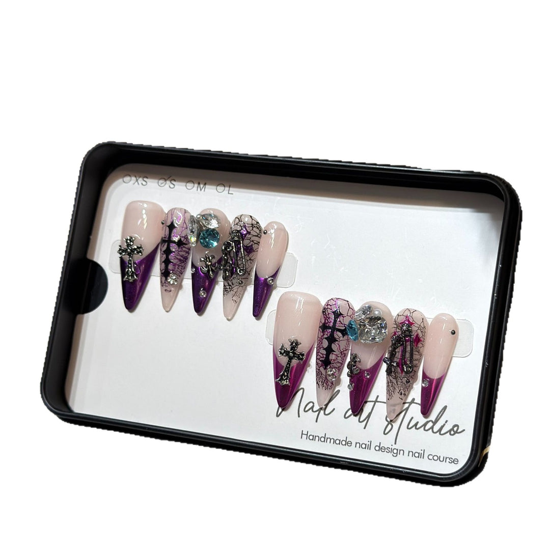 Artistic Stiletto Press-On Nail Set with Unique Floral and Gemstone Accents Bowlift