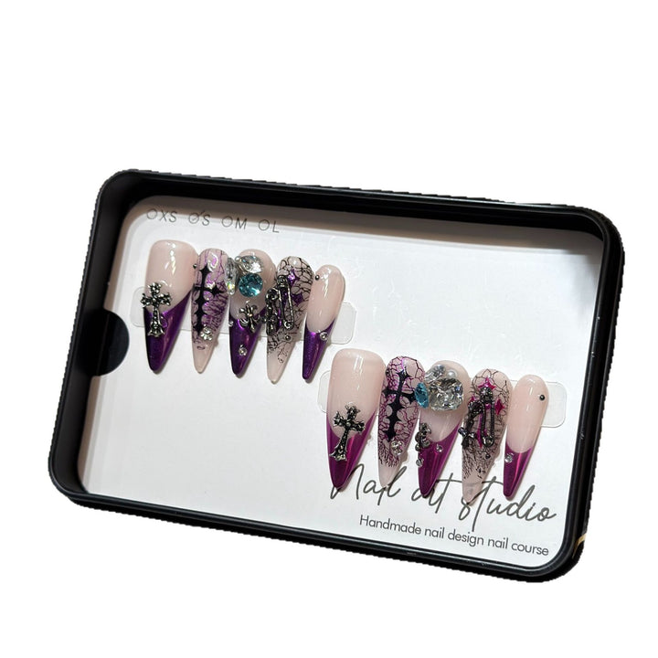Artistic Stiletto Press-On Nail Set with Unique Floral and Gemstone Accents Bowlift
