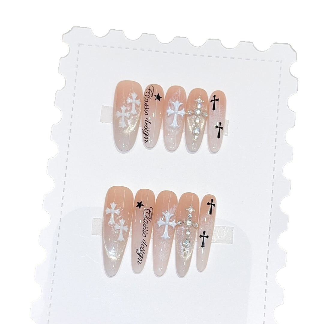 Artificial nail tips with cross and glitter motifs Bowlift