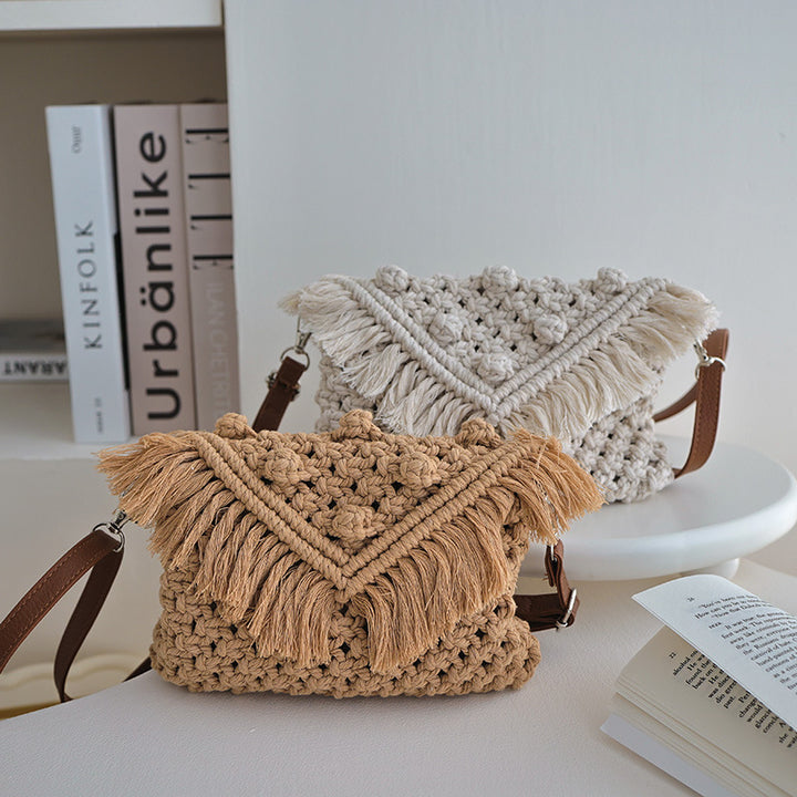 Handmade Fashion Crossbody Bag with Fringes and Decorative Accents Bowlift
