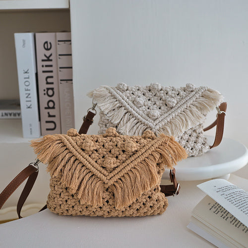 Handmade Fashion Crossbody Bag with Fringes and Decorative Accents Bowlift