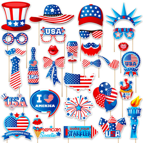 Independence Day Patriotic Photobooth Prop Sticker Kit with Wooden Sticks and Removable Adhesive Dots Bowlift