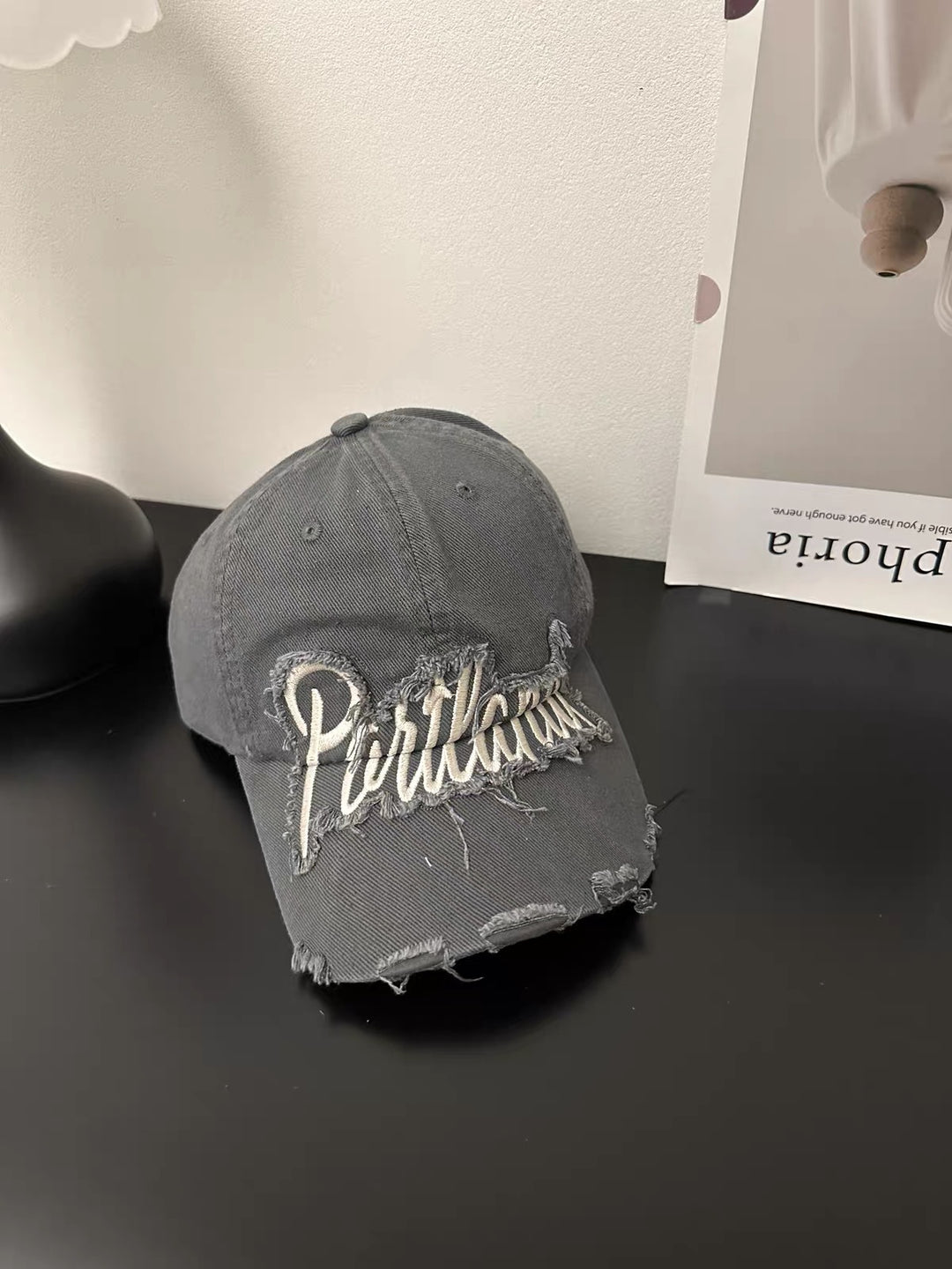 Distressed Denim Baseball Cap with Embroidered Text