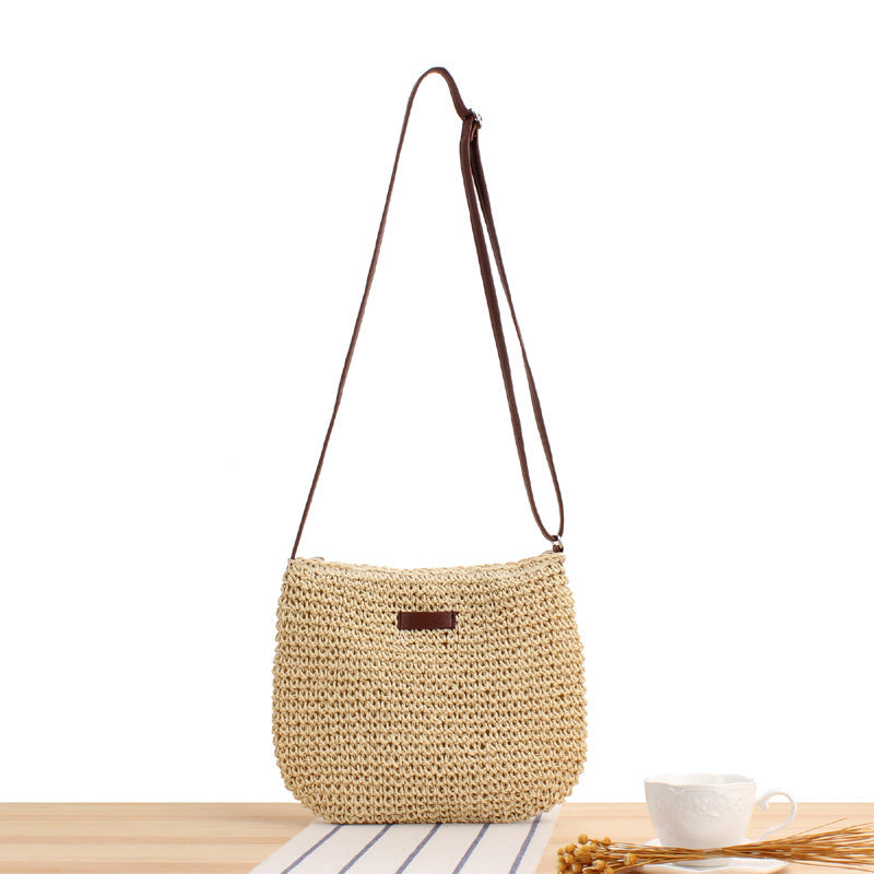 Woven Natural Material Shoulder Bag with Removable Leather Strap Bowlift