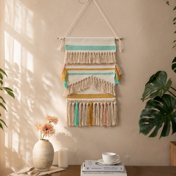 Boho Wall Hanging Macrame with Hand-Knotted Fringes and Woven Cable Patterns Bowlift