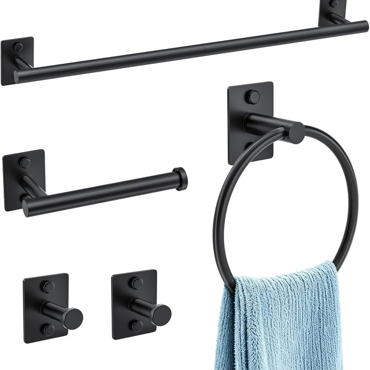 Modern wall-mounted bathroom accessory set with towel bar ring robe hooks and toilet paper holder Bowlift