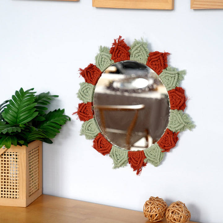 Wall mirror with decorative macrame frame