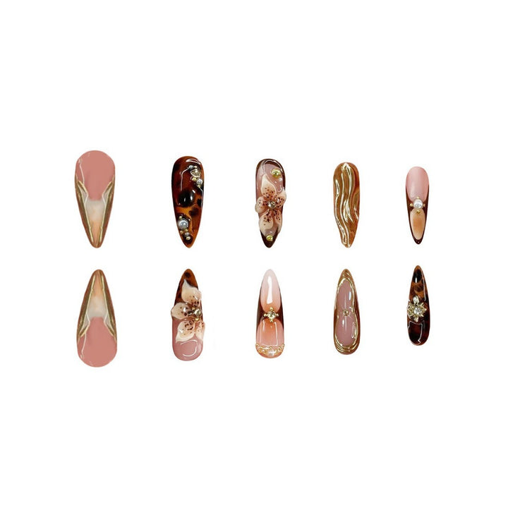 Decorative Stiletto Press-On Nails with Floral and Metallic Accents Bowlift
