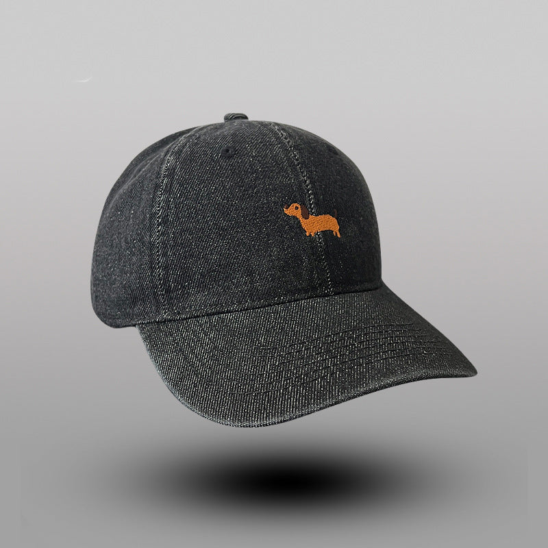 Denim Baseball Cap with Whimsical Dog Embroidery