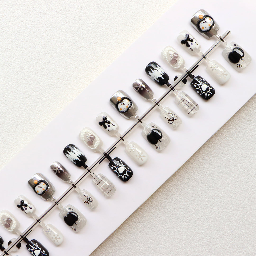 Artistic Black and White Press-On Nail Art Bowlift