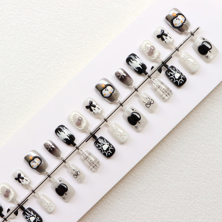 Artistic Black and White Press-On Nail Art Bowlift