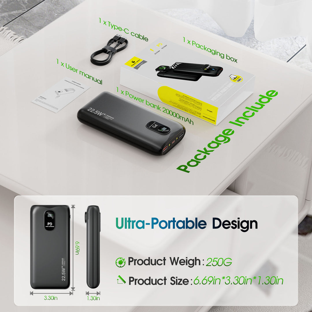 Portable power bank with integrated charging cables and LCD screen Bowlift