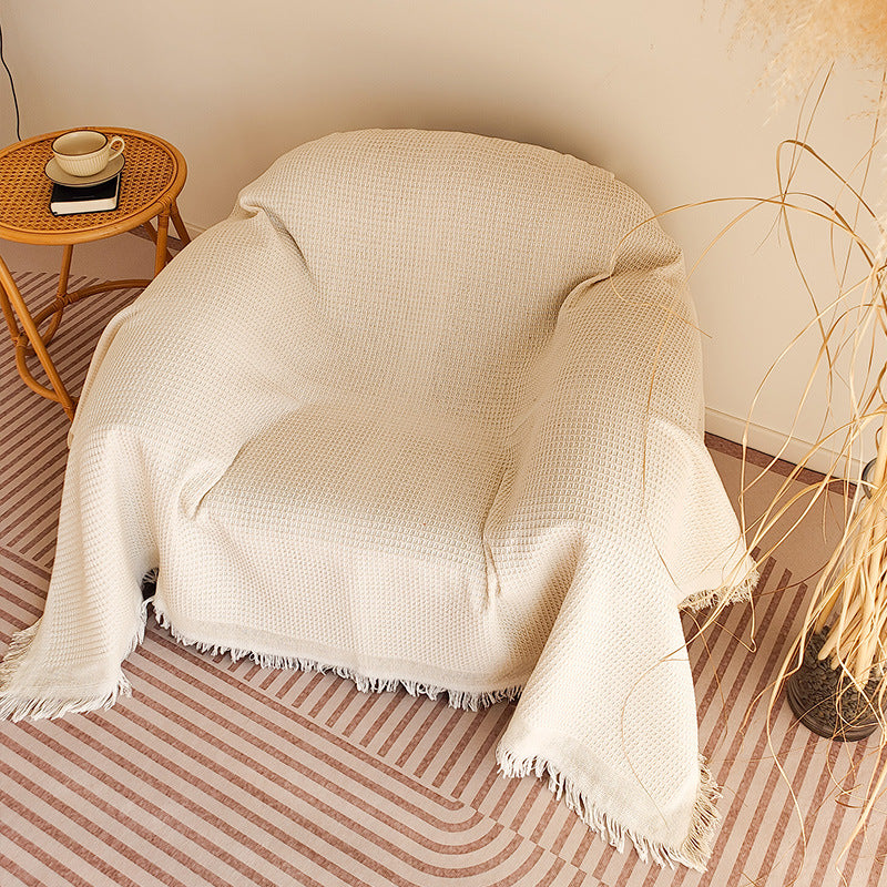 Waffle-Weave Fringed Throw Blanket Bowlift