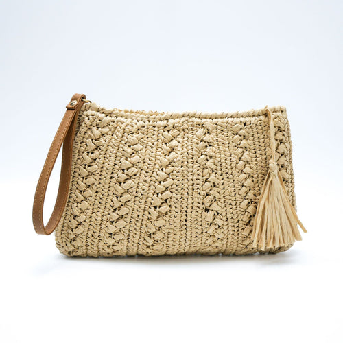 Woven natural material handbag with tassel Bowlift