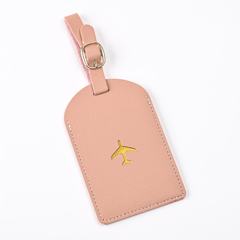 premium leather luggage tag with adjustable buckle strap and embossed airplane Bowlift