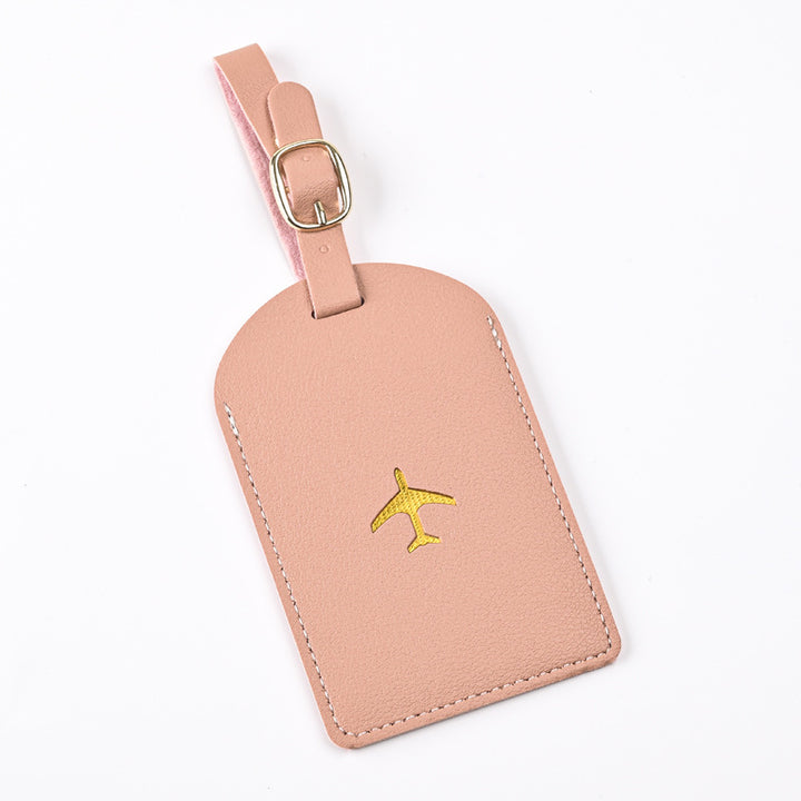 premium leather luggage tag with adjustable buckle strap and embossed airplane Bowlift