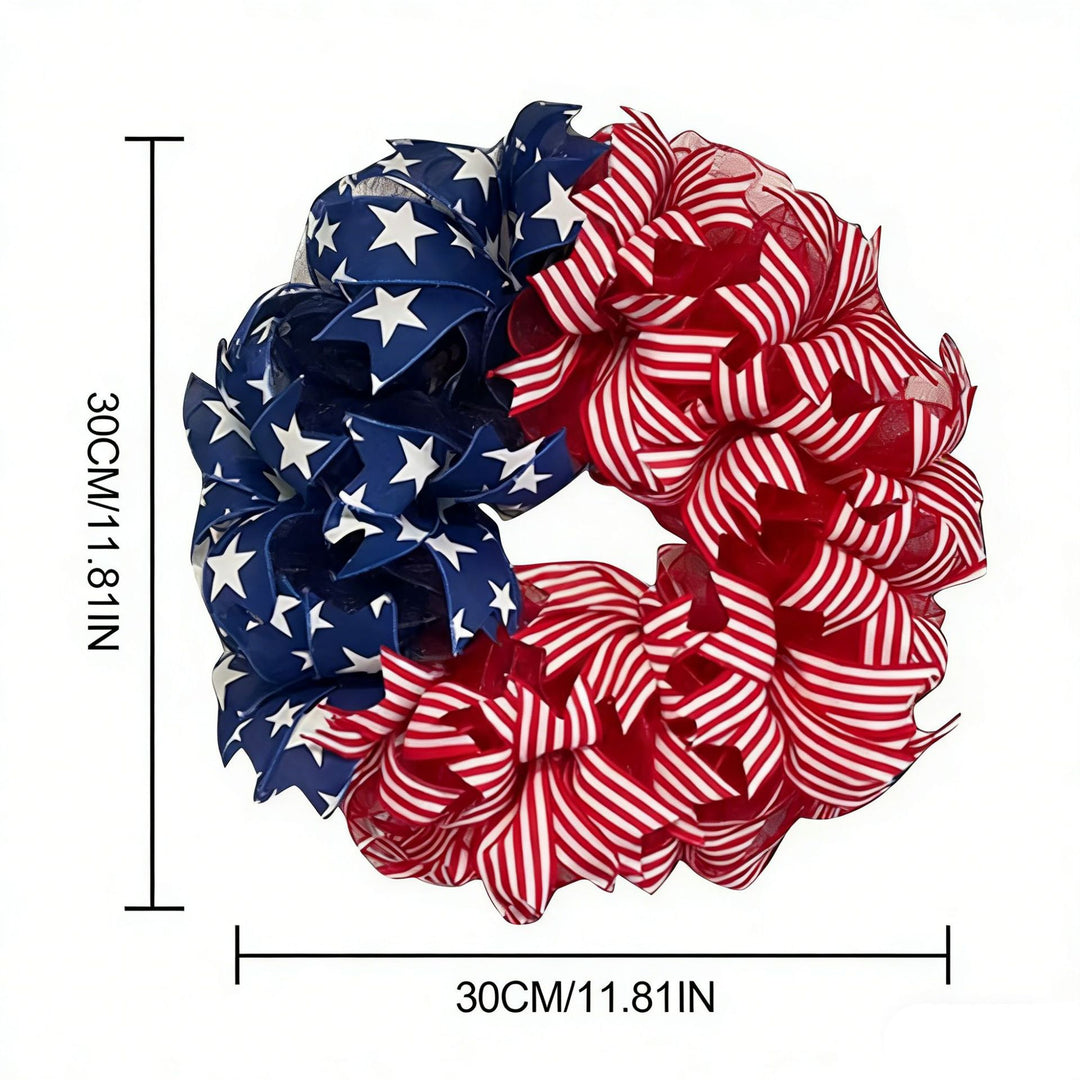 Unisex decorative door wreath with layered fabric bows and star appliqués Bowlift