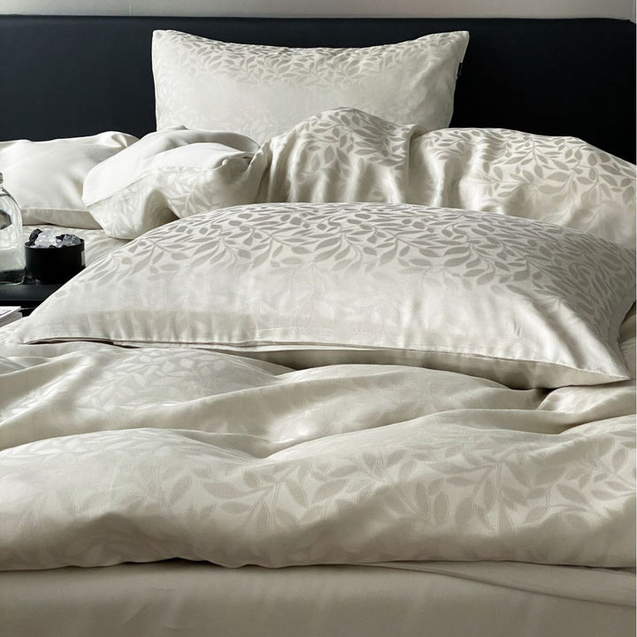 Satin bedding set with subtle leopard jacquard texture and silky feel