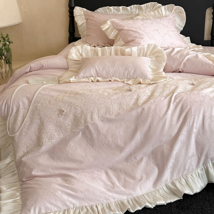 Jacquard Embroidered Satin-Ruffle Duvet Cover Set