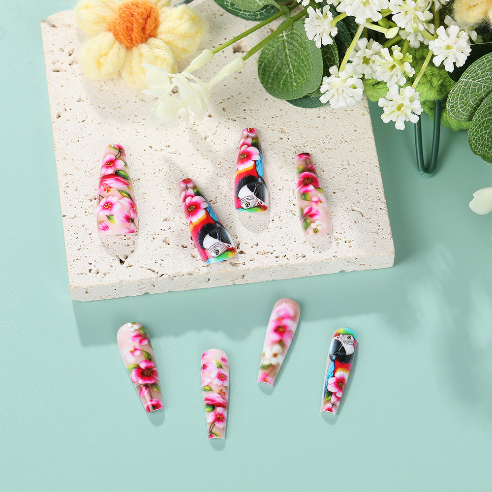 Exquisite Artificial Nails with Colorful Flower and Parrot Design Bowlift