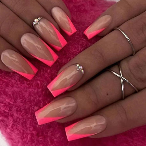 Artful Nail Extensions with Neon Tips and Rhinestone Decoration Bowlift