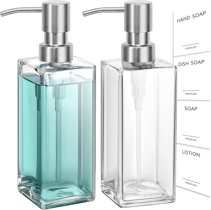 Refillable Tall Rectangular Glass Soap and Lotion Dispenser with Locking Pump Bowlift