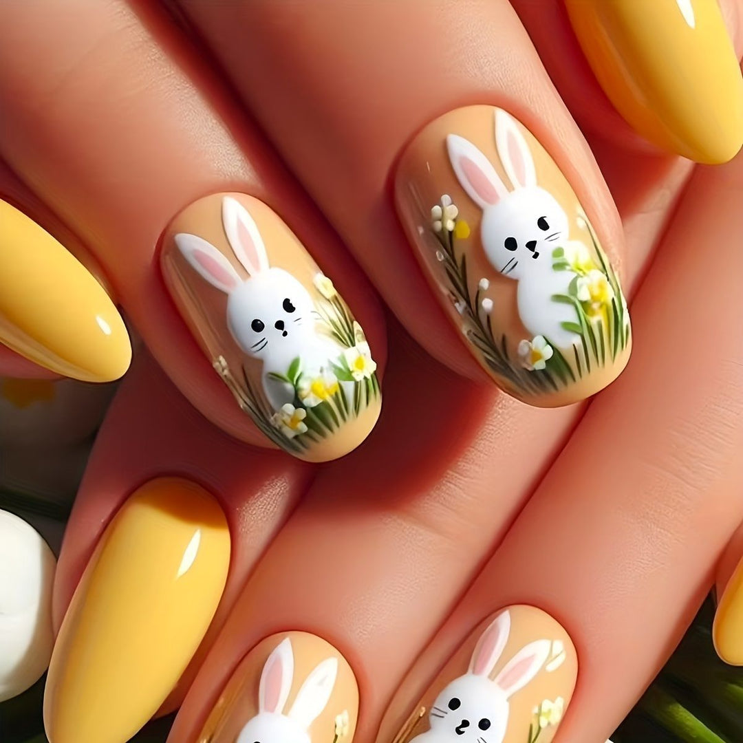 Artistic Bunny-Themed Press-On Nail Art Set Bowlift