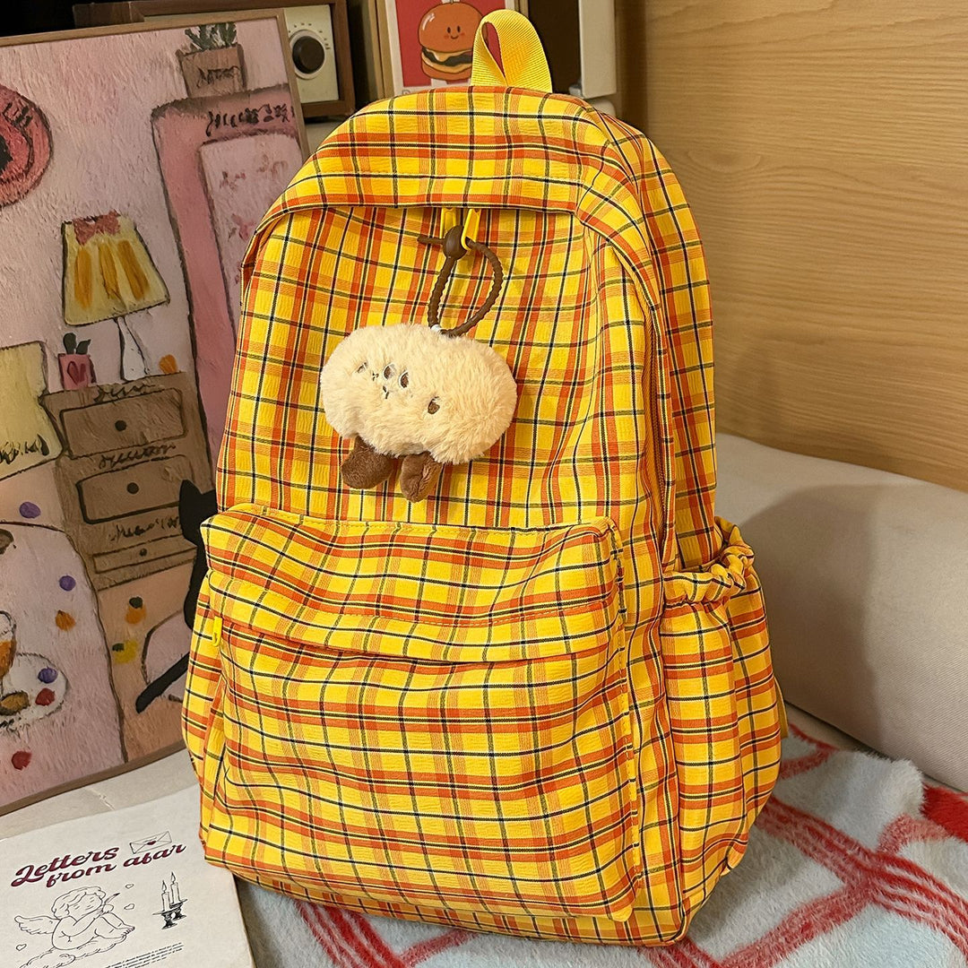 Backpack with Practical Check Pattern and Cute Plush Pendant Bowlift