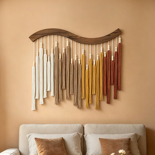 Curved Wooden Rod Macramé Wall Hanging with Long Cotton Tassels Bowlift