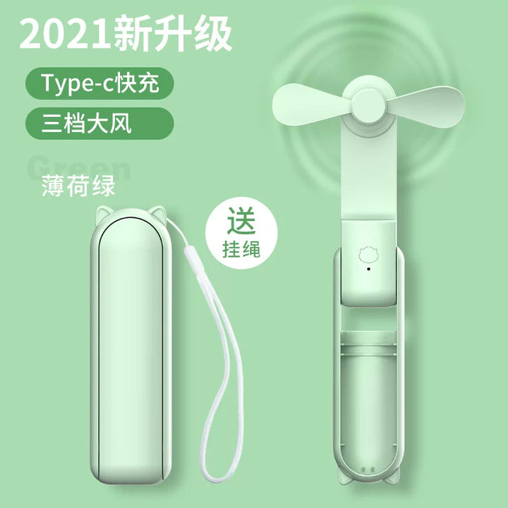 Unisex One Size foldable rechargeable triple handheld mini fan with integrated power bank USB-C and USB-A connections as well as wrist strap Bowlift