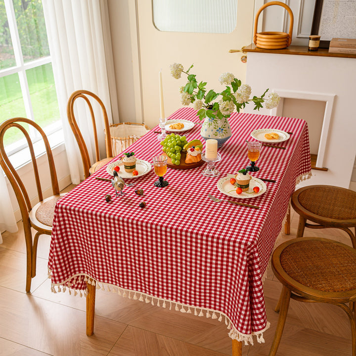 Gingham Patterned Tablecloth with Tassel Trim