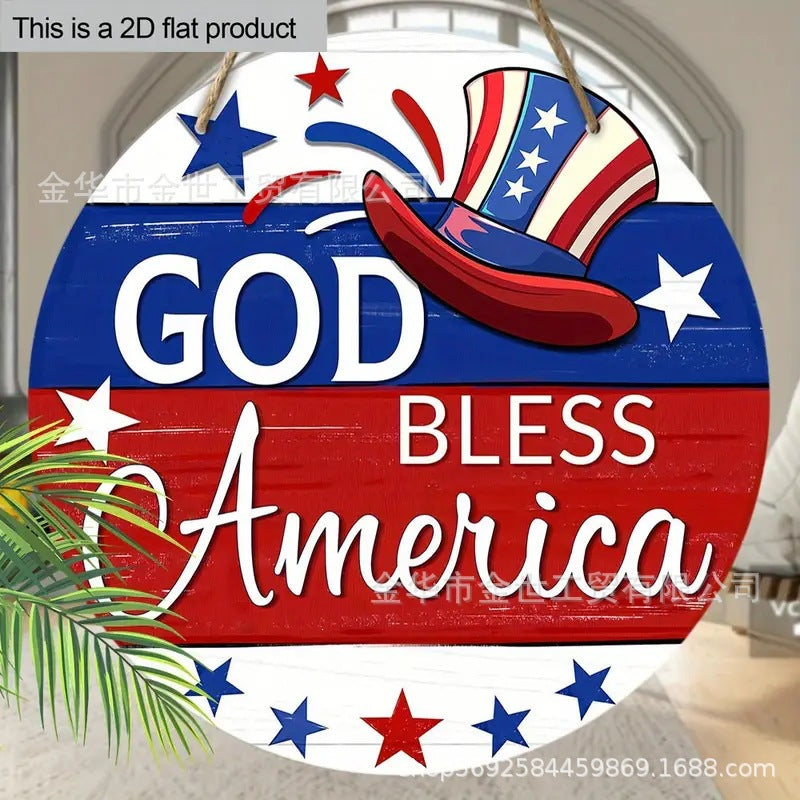 Independence Day rustic round wooden patriotic cross wall plaque with floral accents and God Bless America banner Bowlift