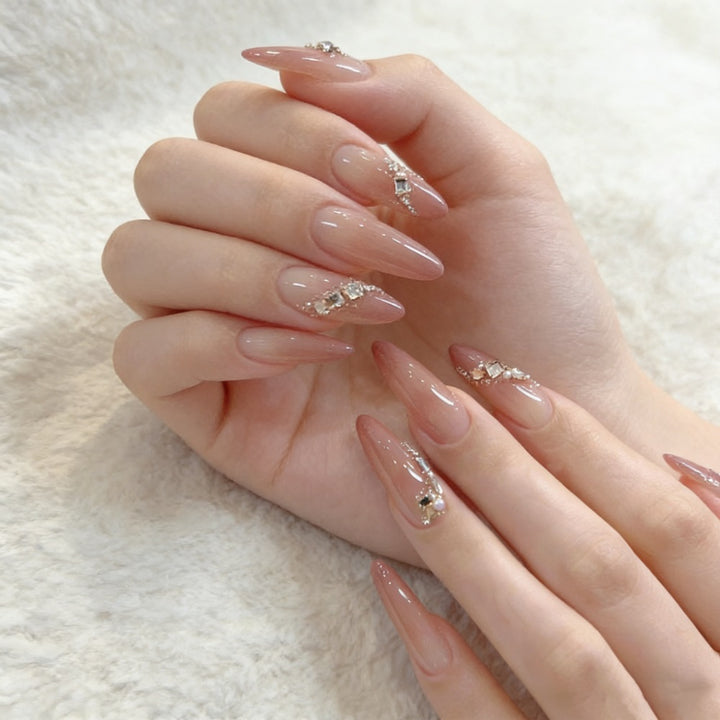 Elegant Stiletto Press-On Nail Set with Gemstone Accents Bowlift