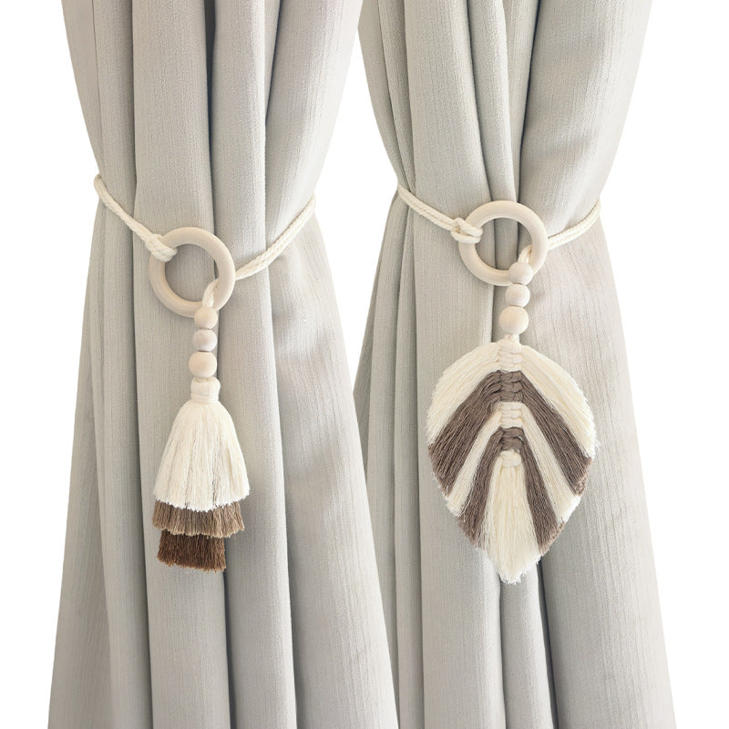 Decorative Layered Tassel Curtain Tieback with Wooden Beads and Loop Ring Bowlift