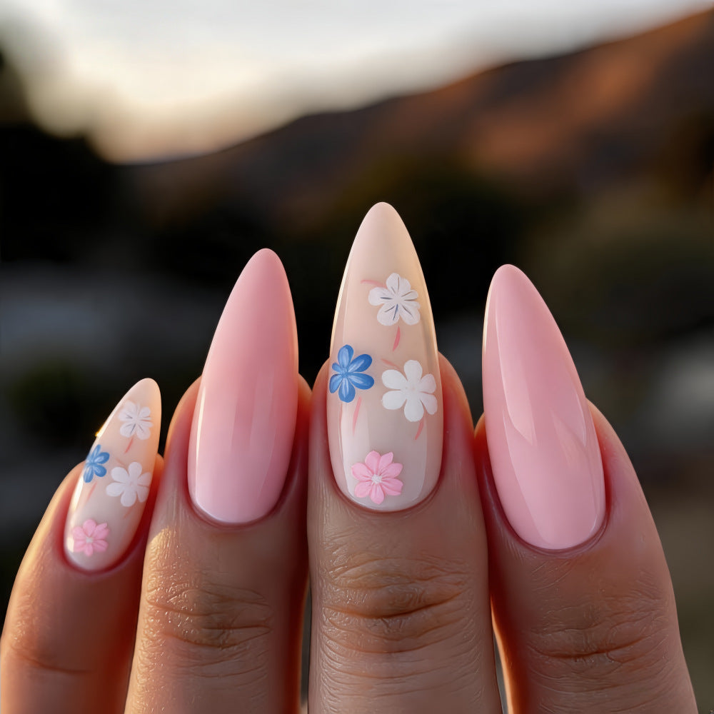 Artful Nail Extensions with Flower Pattern Bowlift
