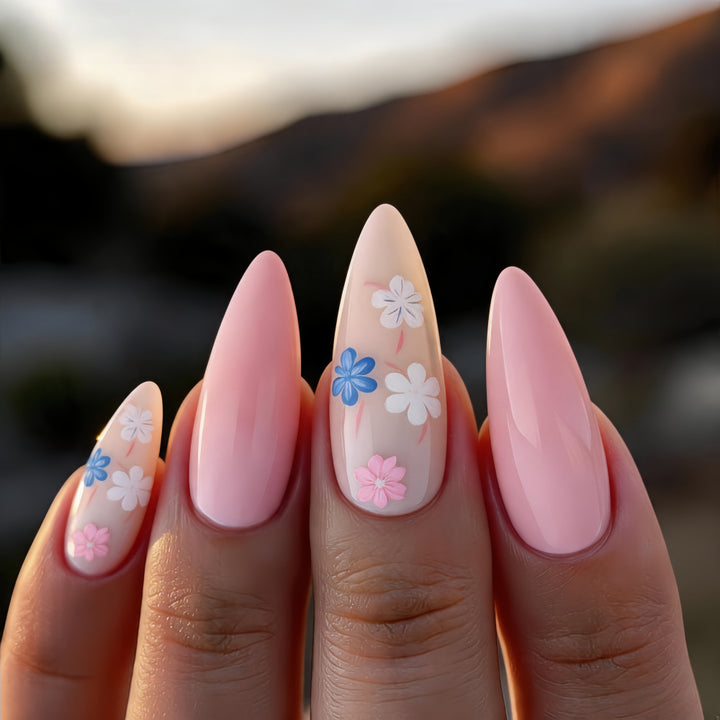 Artful Nail Extensions with Flower Pattern Bowlift