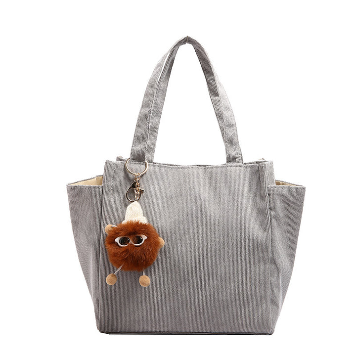 Textured Corduroy Tote Bag with Cute Plush Charm
