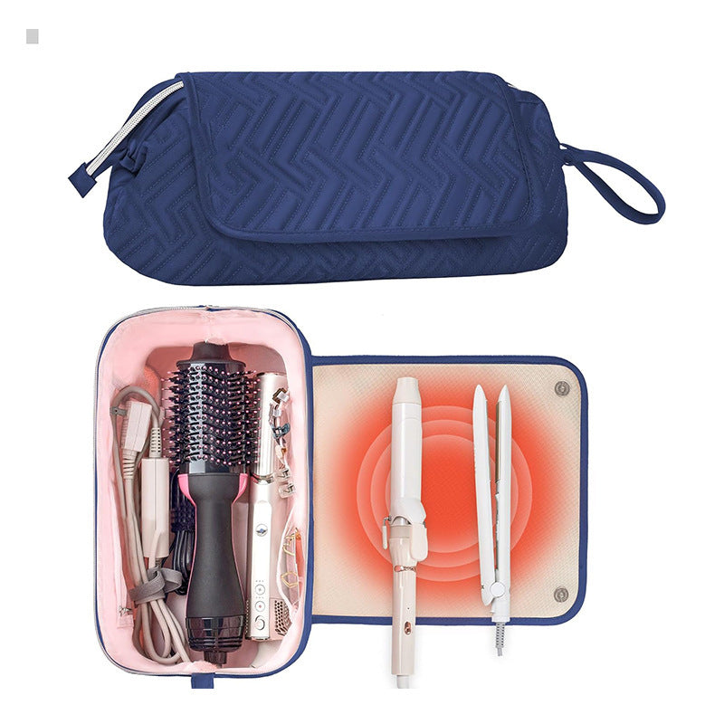 Cosmetic organizer bag with pre-made space for styling tools Bowlift