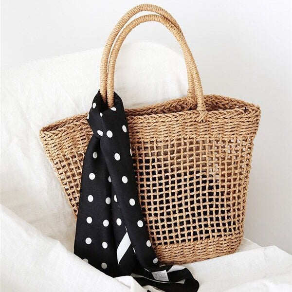 Elegant basket bag with stylish weaving and fashionable scarf Bowlift