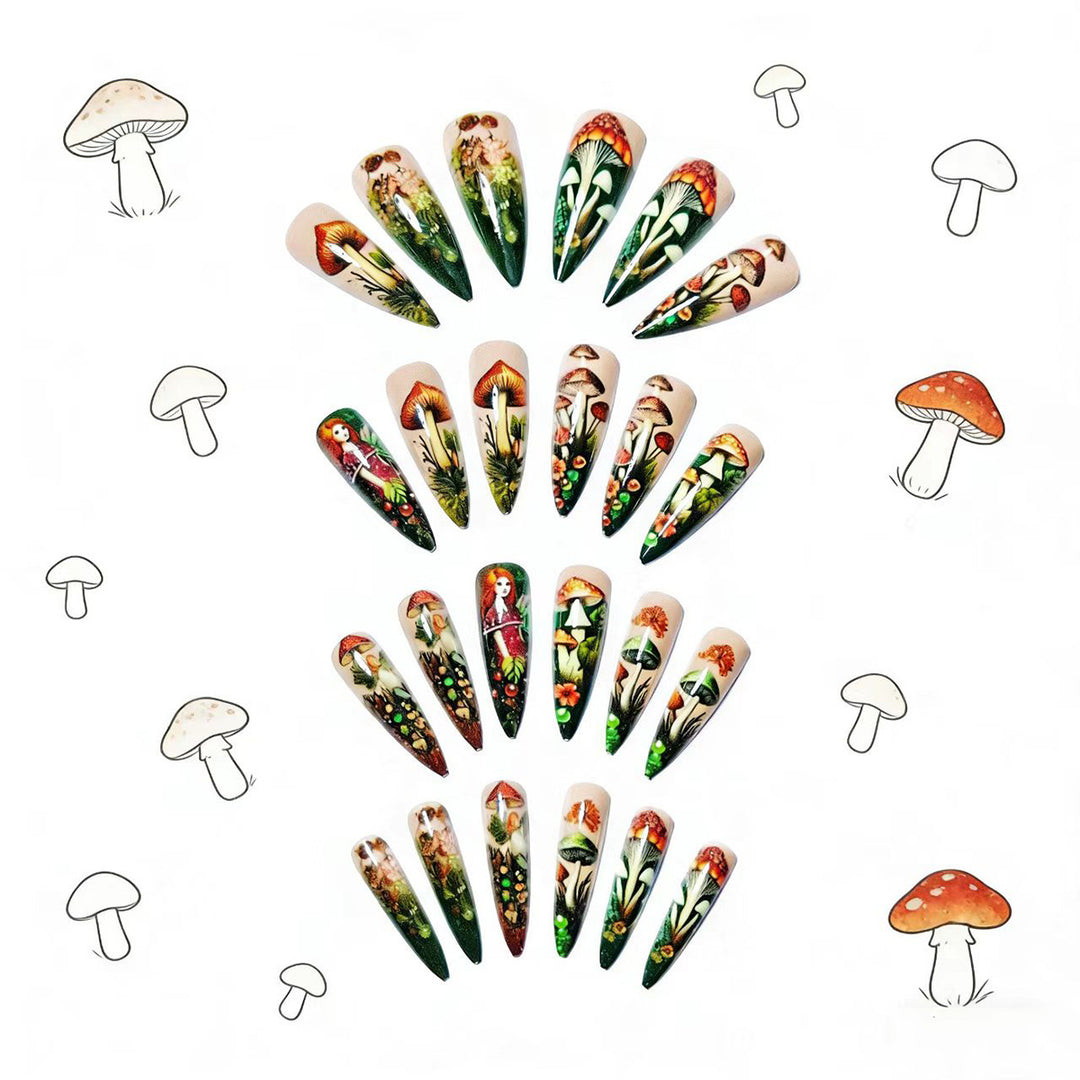 Creative artificial nails with playful fairy and mushroom design Bowlift
